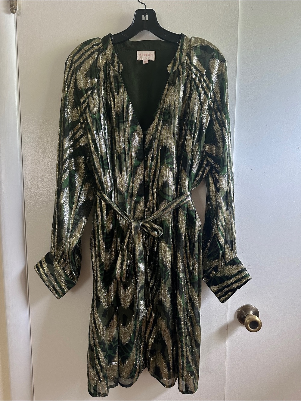 Ceibon Olive Metallic Print Wrap Dress